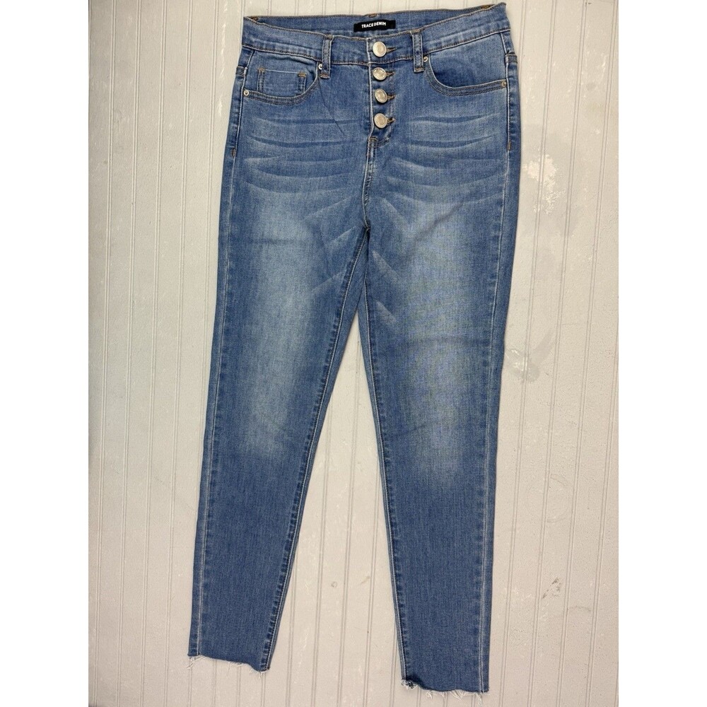 Trace Denim Size 27 Womens Jeans Raw Hem Skinny Button Fly Stretch Med Wash